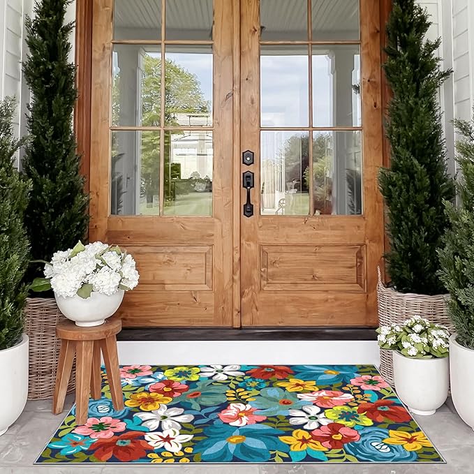 Floral Outdoor Rug - 28" x 43" Front Door Mat Indoor Outside Entrance Non-Slip Washable Outdoor Mat Colorful Spring Flower Rug for Entryway Kitchen Bedroom Layered Doormat for Front Porch