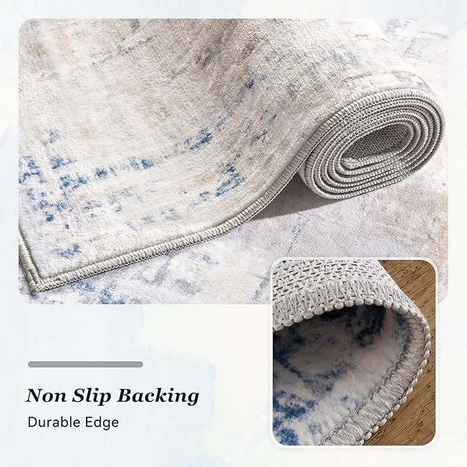 3 x 5 Rug Small Non Slip Area Rug Ultra Soft Machine Washable Low Pile Modern Abstract Area Rugs for Bedroom Living Room Entryway Kitchen Bedside, Blue/Grey