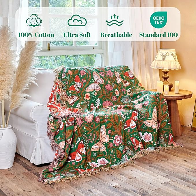MSGKV Boho Throw Blanket for Couch 50"x60" Butterfly Floral 100% Cotton Blanket Spring Breathable Lightweight Farmhouse Blankets for Sofa Home Decor Muslin All Seasons