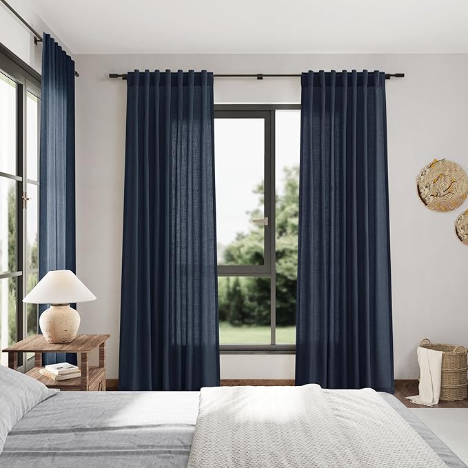 Vintage Blue Curtains 63 Inches Long 2 Panel Sets for Living Room Bedroom Light Filtering Linen Drapes for Kitchen Windows Rod Pocket Back Tab Short See Through Curtain Vintage Country Decor 52x63