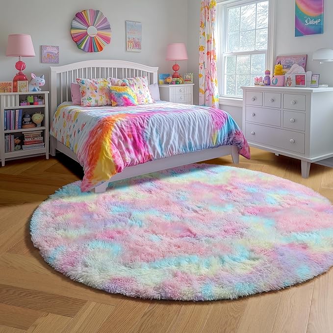 Amdrebio Rainbow Fluffy Round Rug 6Ft Kids Rugs for Girls Bedroom, Unicorn Room Decor, Colorful Pastel Plush Floor Carpet for Playroom Baby Nursery, Cute Shag Kawaii Circle Area Rug for Teen Princess