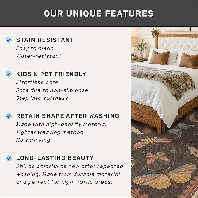 Brown 2x6 Indoor Rugs for Entryway - Washable Non Slip Runner for Kitchen Floor, Vintage Carpet Runners for Hallway 6ft, Insect Boho Design, Butterfly Moth Print Home Décor