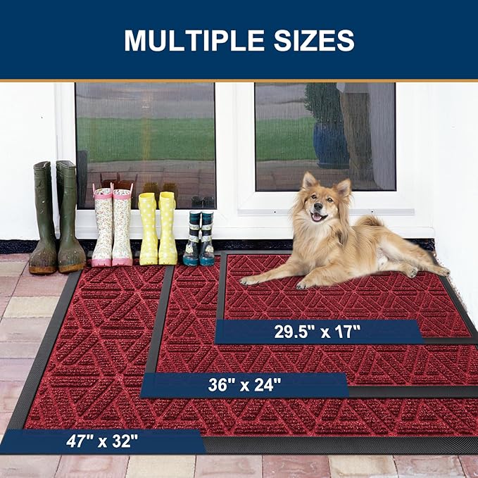 Smiry Front Door Mat Outside Entrance, Heavy Duty Sturdy Natural Rubber Doormat, Trap Dirt and Moisture, Easy Clean Low Profile Mats for Indoor Outdoor Entry, Grid Geometric (35x23, Wine Red)