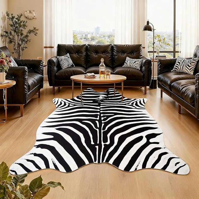 AROGAN Premium Faux Zebra Hide Rug 4.6 x 5.2 Feet, Sturdy and Large Size Bear Print Rugs, Suitable for Bedroom Living Room Western Decor, Faux Fur Animal Carpet, Black and White