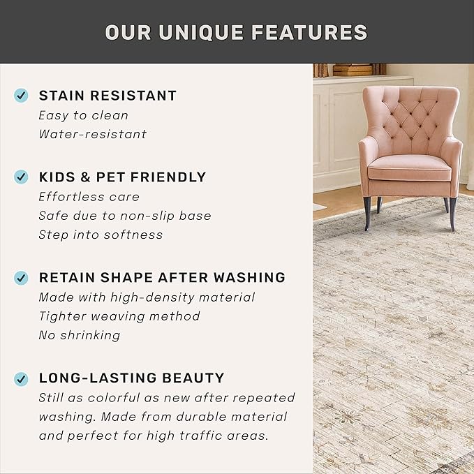 Washable Cream Farmhouse Bathroom Rug, 3x5 Non Slip Area Rugs for Kitchen, Bedroom, Laundry Room, Entryway, Soft Low Pile Neutral Light Beige Décor
