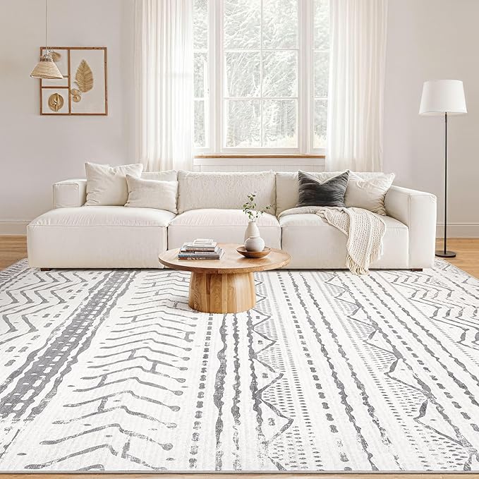Nakagishi Area Rugs 9x12 Living Room: Washable Boho Large Neutral Modern Soft Farmhouse Rug Stain Resistant Indoor Non-Slip Accent Carpet for Bedroom Nursery Kids Playroom Office Dining Room- Gray