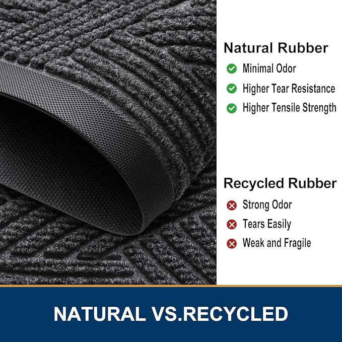 Smiry Front Door Mat Outside Entrance, Heavy Duty Sturdy Natural Rubber Doormat, Trap Dirt and Moisture, Easy Clean Low Profile Mats for Indoor Outdoor Entry, Interwoven Stripes 29.5x17, Grey