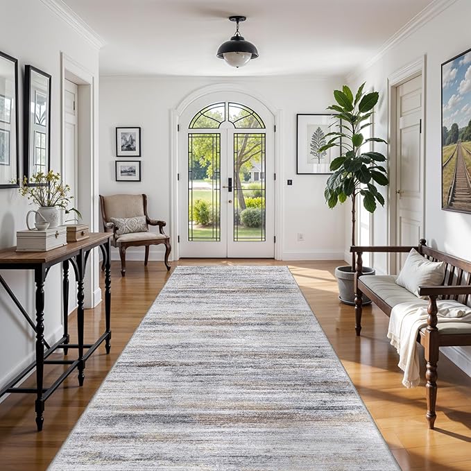 4x8 Wide Washable Runner Rug: Easy-to-Clean Runners for Hallway Entryway Kitchen Bedroom Living Room - Stain and Water Resistant Rugs with Non-Slip Backing - Soft Low-Pile Carpet Beige Grey