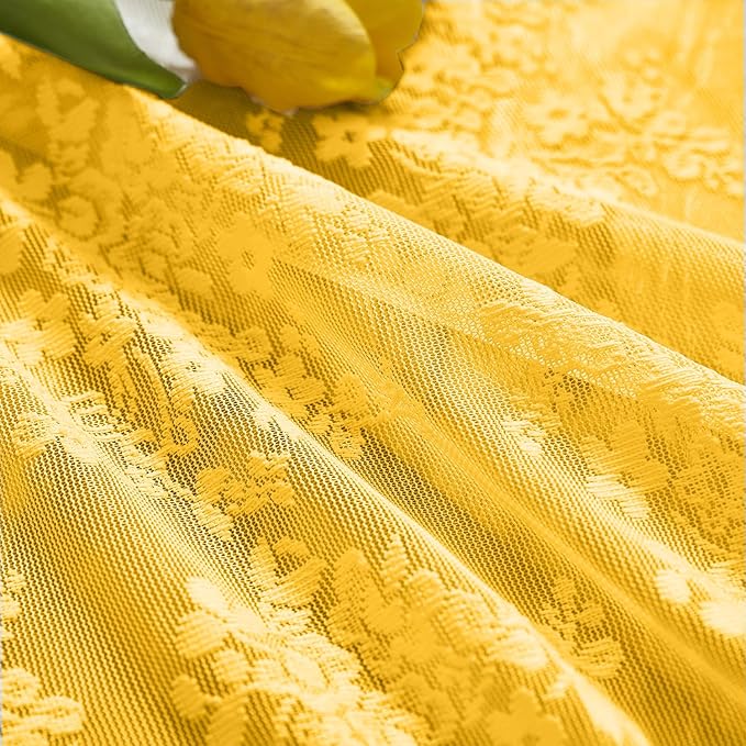 YJ YANJUN Vintage Lace Curtains Short - Mustard Yellow Floral Boho Cafe Curtains 30 Inch Length Sheer Coffee Cabinet Curtain Panels for Kitchen Bathroom Basement Retro Fall Decor Gold W26xL30 Inch