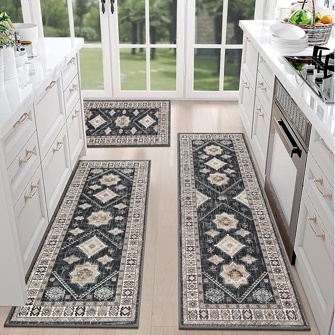 HEBE Boho Kitchen Rug Sets 3 Piece with Runner Non Slip Kitchen Rugs and Mats Washable Kitchen Mats for Floor Thick Kitchen Floor Mat Carpet Runner Rugs for Hallway Laundry Holiday Decor
