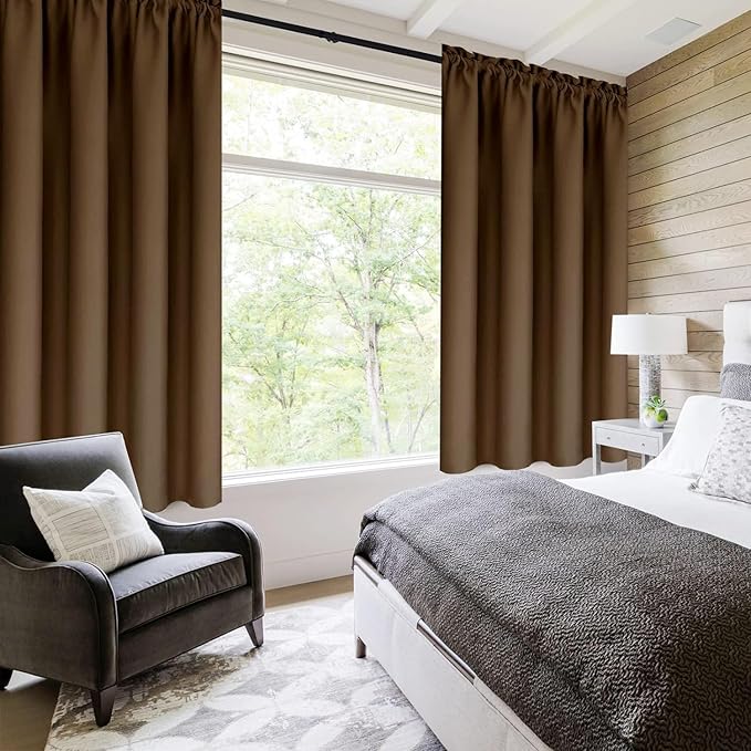 DWCN Blackout Curtains for Living Room Thermal Insulated, Energy Saving & Noise Reducing Bedroom Curtains, Brown, W 52x L 36 Inch, Set of 2 Rod Pocket Curtain Panels