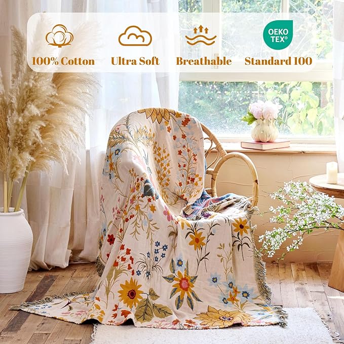 MSGKV Boho Throw Blanket for Bed 60"x80" Cotton Floral Twin Size Blanket Lightweight Farmhouse Muslin Spring Breathable Couch Blankets Home Decor All Seasons