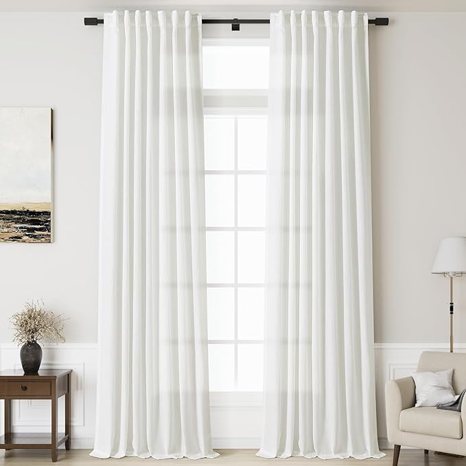 Linen Off White Curtains 144 inch Extra Long for Living Room Back Tab Light Filtering Semi Sheer Drapes Modern Farmhouse Coastal White Cotton Textured Curtain for Floor to Ceiling Window 12 FT