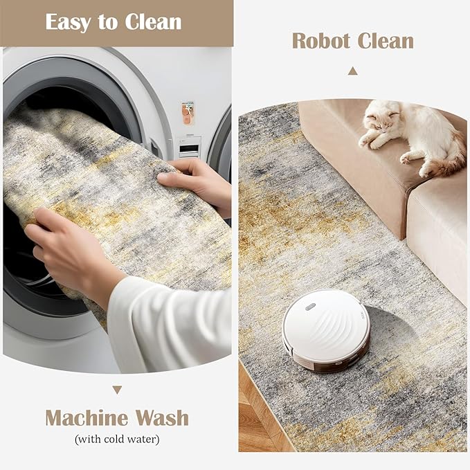 3x6 Washable Kitchen Runner Rug: Modern Abstract Runners for Hallway Soft Non Slip Rugs with Rubber Backing Low Pile Thin Floor Carpet for Entryway Bedroom Bathroom Bedside Indoor(Grey/Yellow,3x6)