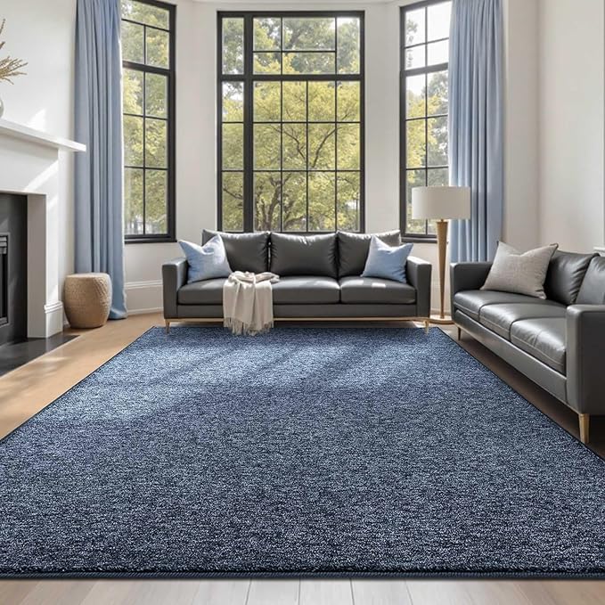 FinRèc 7x10 Washable Area Rugs for Bedroom Living Room, Low Pile Thin Rug Solid Color, Non-Slip Carpet Indoor for Home Decor (Navy Blue)