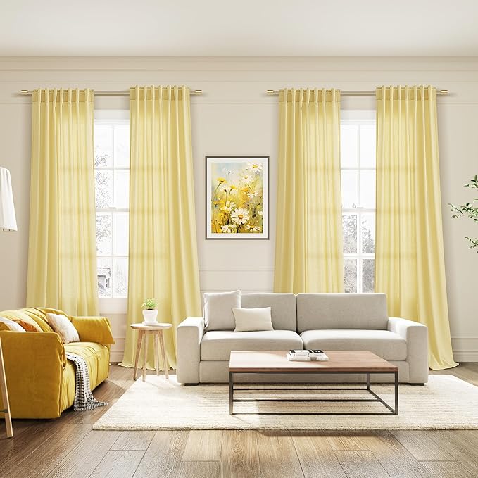 Yellow Linen Semi Sheer Curtains 108 Inches Long 2 Panels Set Back Tab Loop Pocket Linen Blend Boho Decor Large Window Curtain Extra Long Light Filtering Drapes High Ceiling for Living Room 52x108