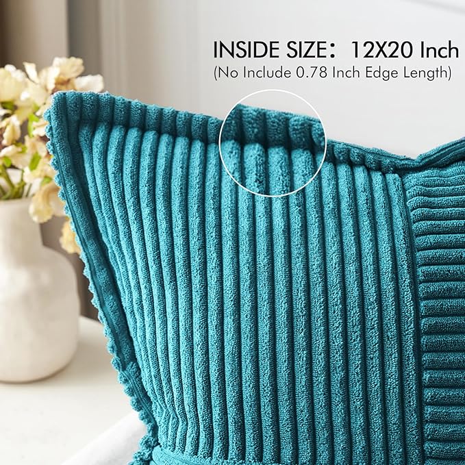 MIULEE Decorative Lumbar Throw Pillow Covers for Couch Bed Livingroom 12x20 Inch Set of 2 Teal Blue Boho Accent Throw Pllows Broadside Striped Patchwork Soft Corduroy Summer Coastal Pillowcases