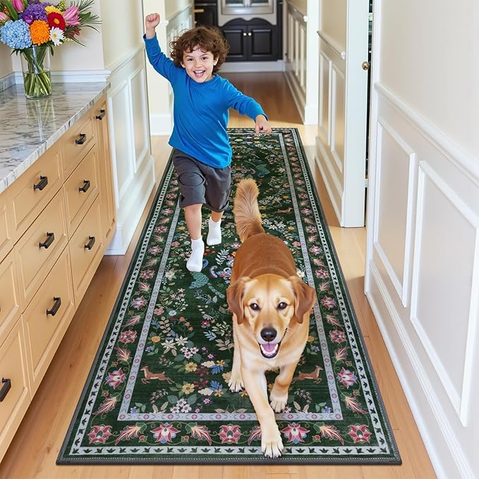 HEBE Washable Hallway Runner Rug 2'x 6' Non Slip Kitchen Rugs Runner,Low Pile Entryway Rug Laundry Room Mat Floral Carpet Runners for Hallways, Kitchen,Bathroom,Laundry,Bedside Rug
