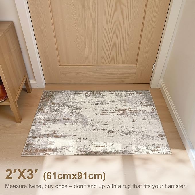 UERMEI 2x3 Entryway Area Rug: Washable Neutral Modern Abstract Small Rug - Non-Slip Low Pile Throw Indoor Carpet for Entrance Kitchen Front Door Mat Bathroom Entry Kids Room - Brown/Grey/Beige