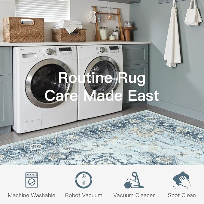 Lofus 5x7 Area Rugs for Living Room, Machine Washable Non-Slip Area Rug, Low Pile Large Rugs for Bedroom, Kitchen, Dining Room, Home Office, Vintage Oriental Print Rug, Blue Gold