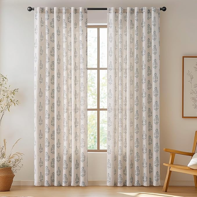 jinchan Linen Floral Curtains for Living Room 84 Inch Length Blue Flower Cottage Core Farmhouse Curtains Rod Pocket Back Tab Boho Semi Sheer Window Drapes Bedroom Set 2 Panels Blue on Beige