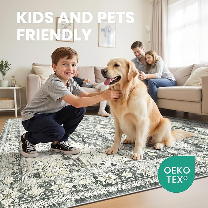 zesthome 8x10 Area Rugs-Washable Rug for Living Room, Non-Slip Backing Rugs, Stain Resistant 8x10 Rug for Bedroom, Ultra-Thin Low Pile Rugs, Vintage Large Home Decor