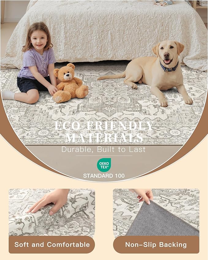 Madane Kitchen Runner Rug - 2x7 Runner Rugs with Rubber Backing Non Slip Vintage Washable Rug Runner Ultra-Thin Throw Carpet Runners for Hallways Bedroom Laundry Room (2'x7', Beige/Brown)