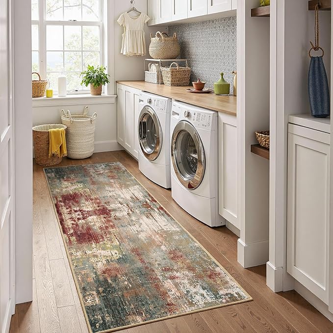 Washable Area Rugs 2'x8' Non-Slip Modern Abstract Soft for Living Room Entryway Bedroom Nursery, Print Pattern, Brown Rust Red Green Blue Multi
