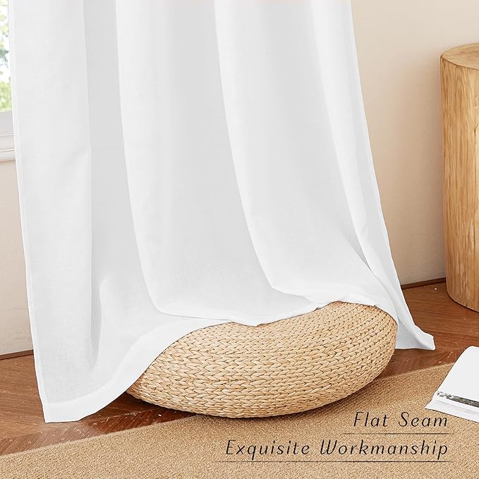 NICETOWN Linen Flax Semi Sheer Curtains 92" Length, Grommet Window Treatments Privacy Added with Light Penetration Vertical Drapes for Loft/Home Office, White, W55 x L92, 2 Panels