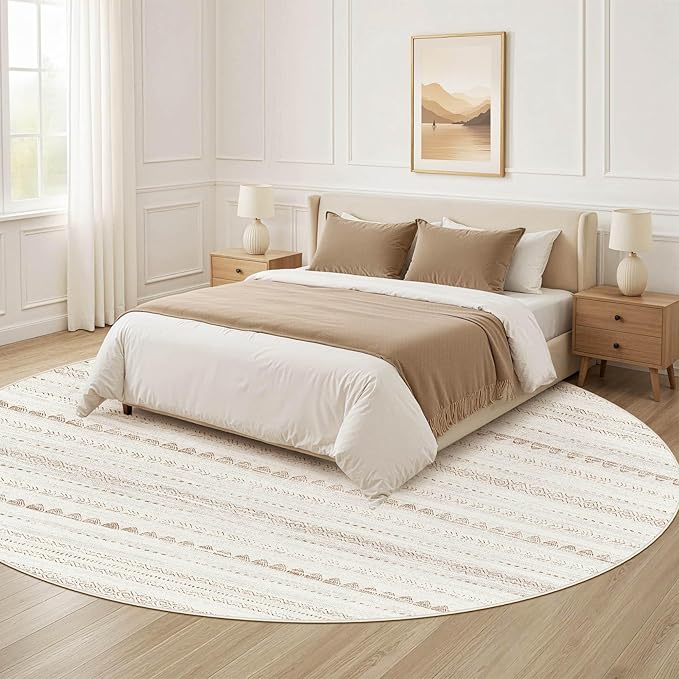 Nakagishi Round Rug Boho Area Rugs: 5x5 Washable Large Circle Neutral Soft Stain Resistant Non-Slip Carpet for Women Aged 25-45 Farmhouse Decor Enthusiasts - Living Room Bedroom Dining Room Nursery