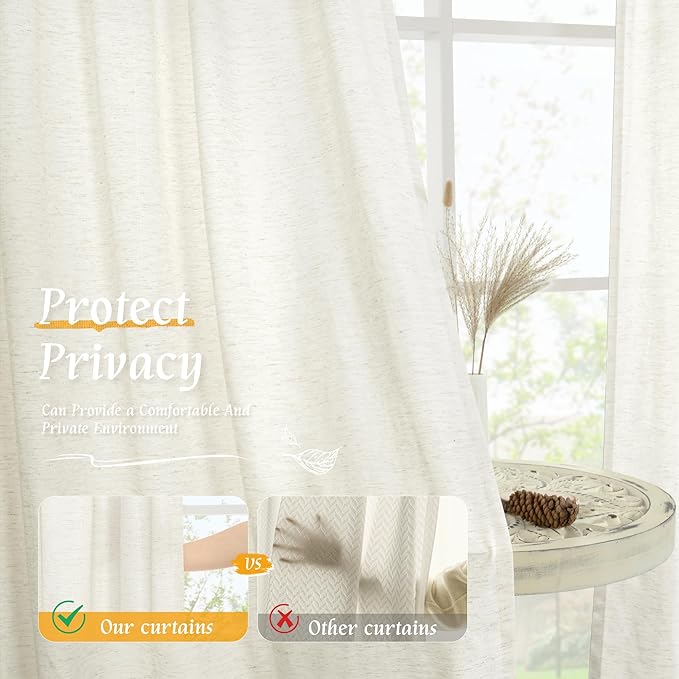 LAMIT Natural Linen Curtains 63 Inch Length for Bedroom, Light Filtering Semi Sheer Living Room Panels Farmhouse Boho Rod Pocket Privacy Drapes for Livingroom, 2 Panels (42 x 63 Inch, Cream)