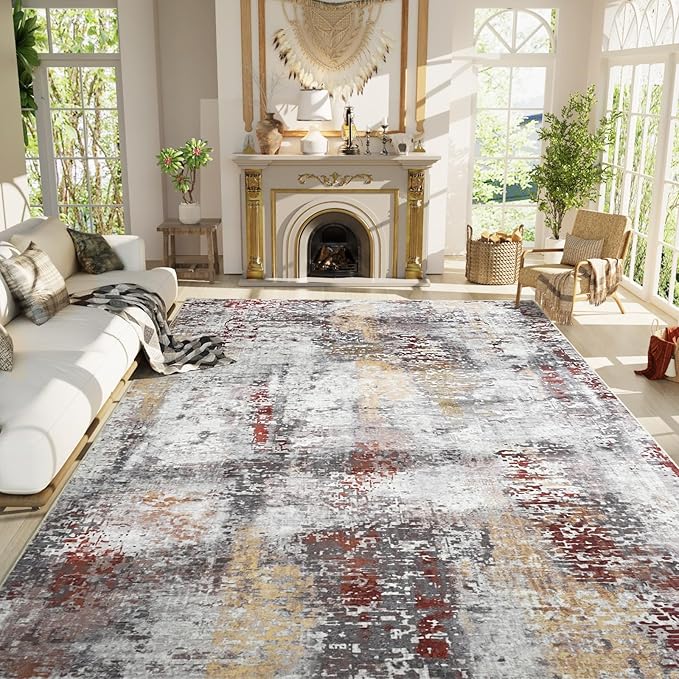 Living Room Rug 9x11 Beige Area Rugs Machine Washable Abstract Boho Large Rug Non-Slip Non-Shedding Faux Wool Indoor Vintage Carpet for Bedroom, Classroom, Dining Room, Kids Playroom