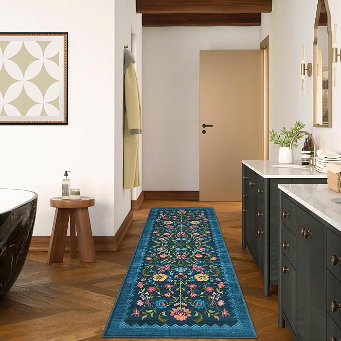 GarveeHome Floral Rug 2.5x10 Runners for Hallways, Boho Kitchen Runner Rugs Non Slip Bath Runners, Vintage Washable Runner Rug for Bedroom, Soft Long Rugs for Entryway Bathroom Laundry Dorm, Blue
