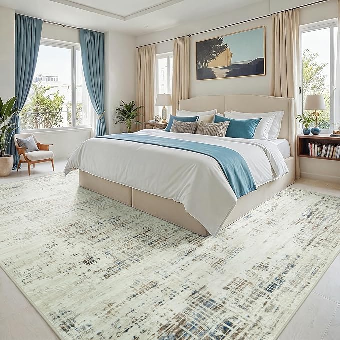 9x12 Area Rugs for Living Room Washable Rug: Anti-Skid Abstract Modern Living Room Rug Soft Thin Carpets Indoor Floor Non-Shedding Carpet for Bedroom Dining Farmhouse Nursery Gray White Blue