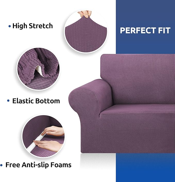 KEKUOU Stretch Sofa Cover Slipcover ，Couch Covers for 3 Cushion Couch Sofa pet Friendly (78"-94") Furniture Protector Sofa with Elastic Bottom for Kids,Dog, Jacquard Small Checked(Large,Dark Purple)