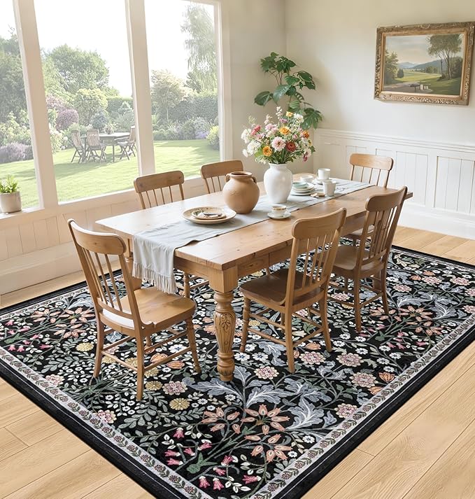 6x9 Area Rugs for Living Room: Floral Washable Rug Vintage Large Soft Boho Non-Slip Carpet Indoor Stain Resistant Thin Carpets for Bedroom Dining Room Farmhouse Nursery Hallway Home Office Dark Black