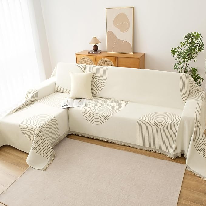 Boho Sofa Covers for 2 Cushion Couch, Chenille Sofa Slipcover for Pets Washable, L-Shape Sectional Loveseat Cover Soft Throw Blankets with Tassels(71x102,Arc Beige)