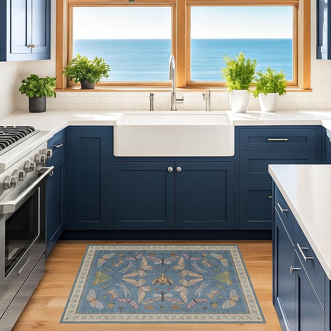 Blue 2x3 Kitchen Rugs Non Slip Washable, 0.25" Low Pile Stain & Fade Resistant, Waterproof Indoor Floor Mat for Entryway, Bathroom, Laundry Room, Boho Insect Floral Decor