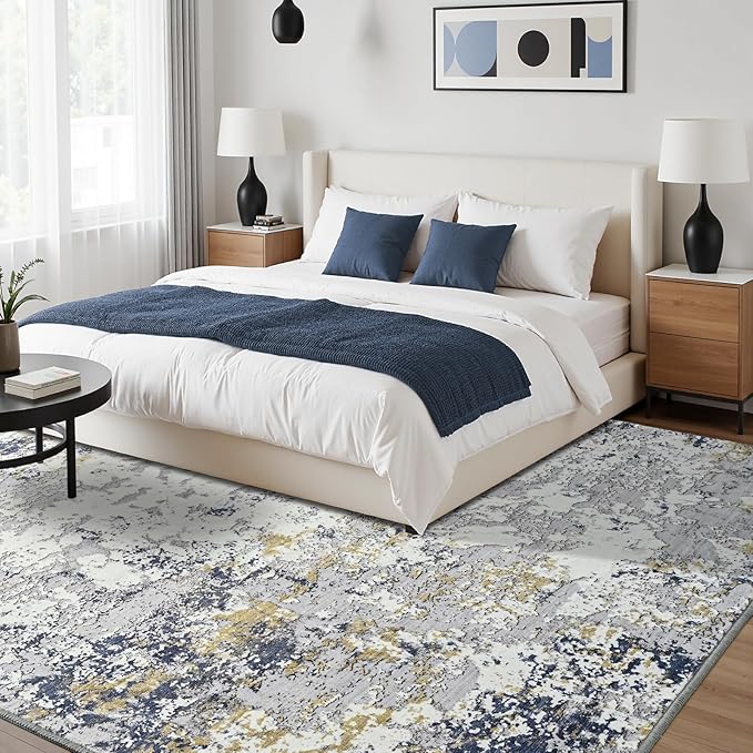 Toneed Abstract Area Rug Modern Washable Rug Soft Non Slip Rug Low Pile for Bedroom Living Room Dining Room Blue 5x7 Feet