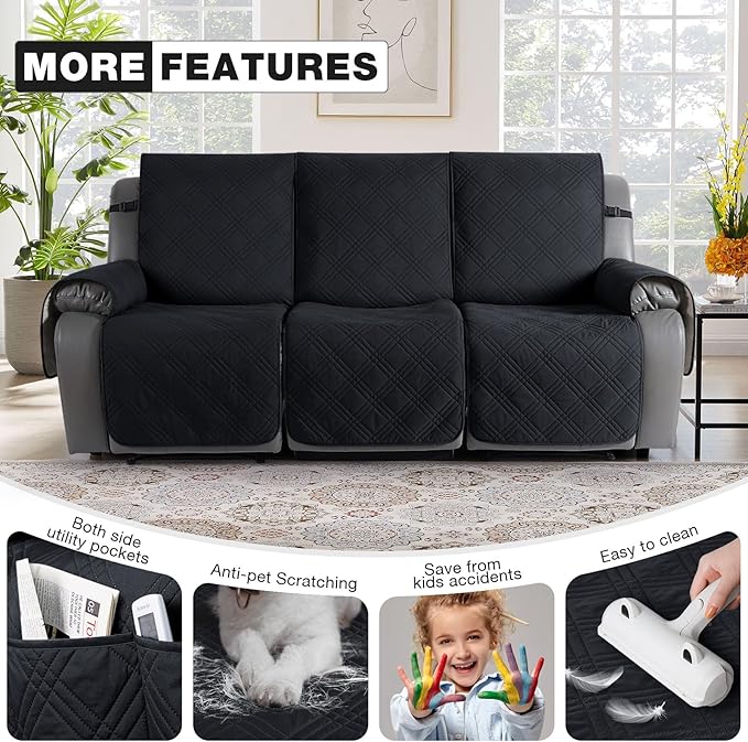 TAOCOCO 100% Waterproof Recliner Sofa Cover Non Slip Couch Cover for 3 Seat Reclining Sofa, Split Reclining Couch Covers 3-Piece with Straps, Washable Sofa Slipcover for Kids Pets(3 Seater, Black)