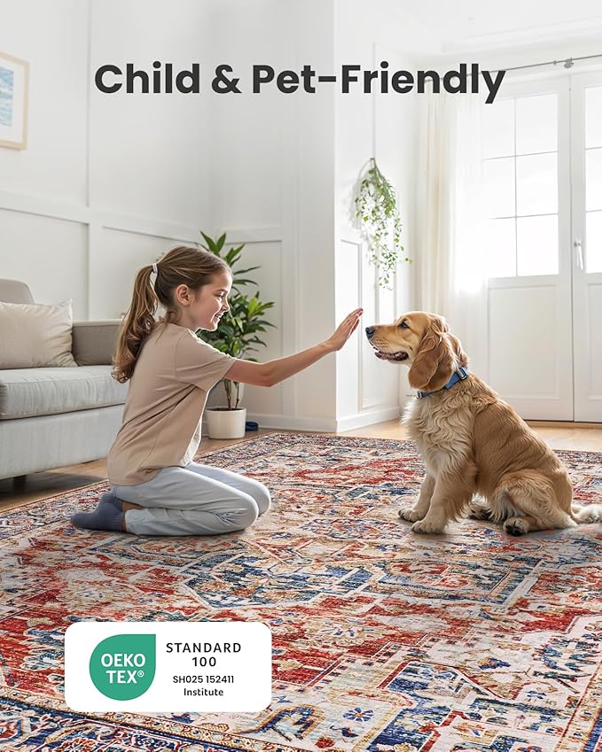 AMADA HOMEFURNISHING 5x7 Area Rugs, Washable Living Room Rug Low-Profile with Non-Slip Backing & Durable Edge Binding, Vintage 5x7 Rugs for Living Room, Bedroom, Dinning Room