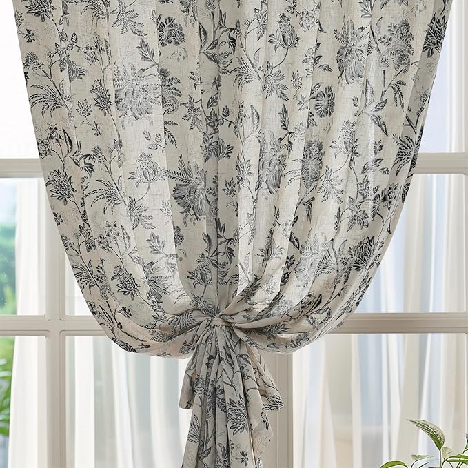 jinchan Linen Floral Curtains for Living Room with Printed Flower 63 Inches Long Light Filtering French Country Back Tab Rod Pocket Black Window Curtain Set Farmhouse Drapes 2 Panels Black