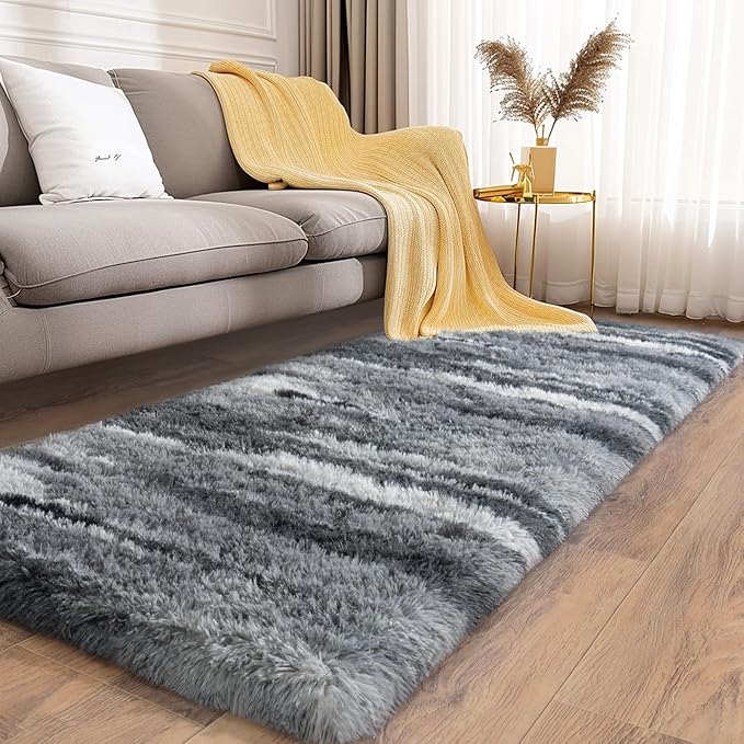 Soft Runner Rugs for Bedroom Hallways, 2x5 Abstract Grey Fluffy Shag Throw Area Rug Non Slip for Bedside Dorm, Long Shaggy Furry Carpet for Nursery Living Room