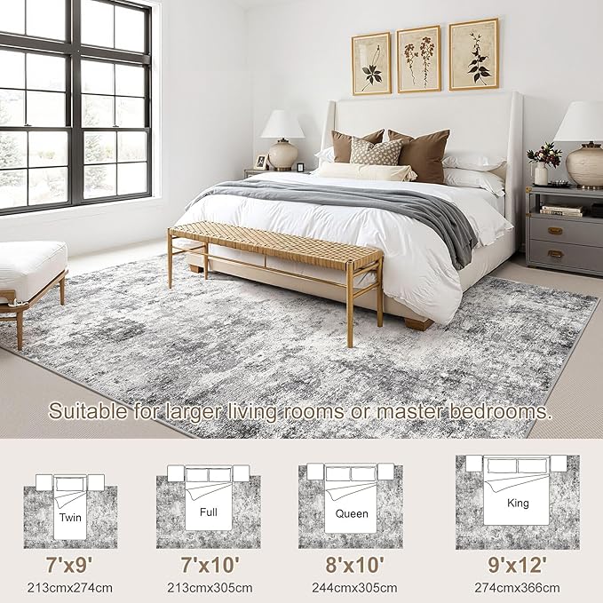UERMEI 7x9 Area Rug Living Room Rugs - Washable Neutral Modern Abstract Soft Thin Large Rug Indoor Floor No Slip Rug Carpet for Bedroom Under Dining Table Home Office Decor - Grey