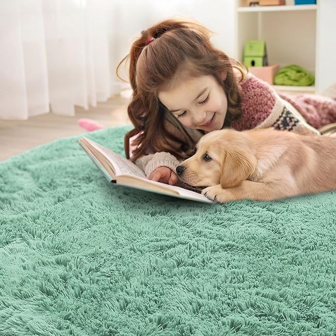 OLANLY Mint Green Round Rugs for Bedroom - Machine Washable, 8 ft Circle Area Rugs for Living Room, Soft and Fluffy Shaggy Carpet for Teen Girls and Boys, Nursery Rooms, Dorms, Home Decor Aesthetic