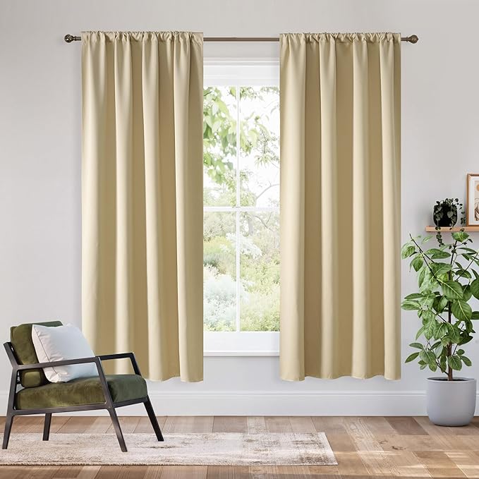RYB HOME Bedroom Blackout Curtains 63 inches Long, 100% Blackout Thermal Insulated Noise Reducing Curtains for Living Room Nursury, 34 inches Wide by 63 inches Long, Biscotti Beige