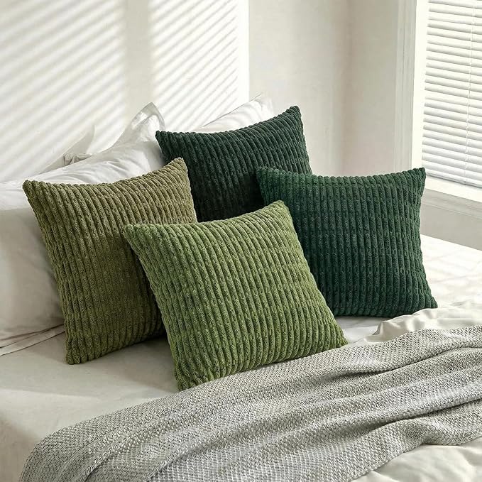 Fancy Homi Set of 4 Green Boho Winter Decorative Throw Pillow Covers 22x22 Inch for Couch Bed Sofa, Aesthetic Modern Bohemian Room Decor, Soft Fuzzy Cozy Corduroy Textured Cushion Case 55x55cm