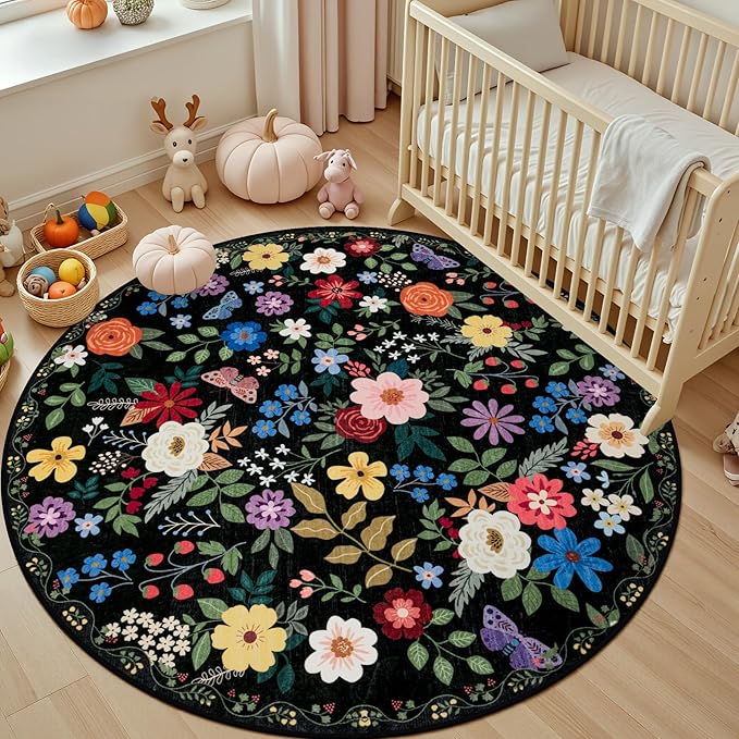 Round Area Rug for Living Room: 4 ft Floral Washable Circle Rug Soft Boho Non-Slip Carpet Indoor Stain Resistant Low Pile Small Circular Rug for Bedroom Entryway Kitchen Nursery Home Office Black