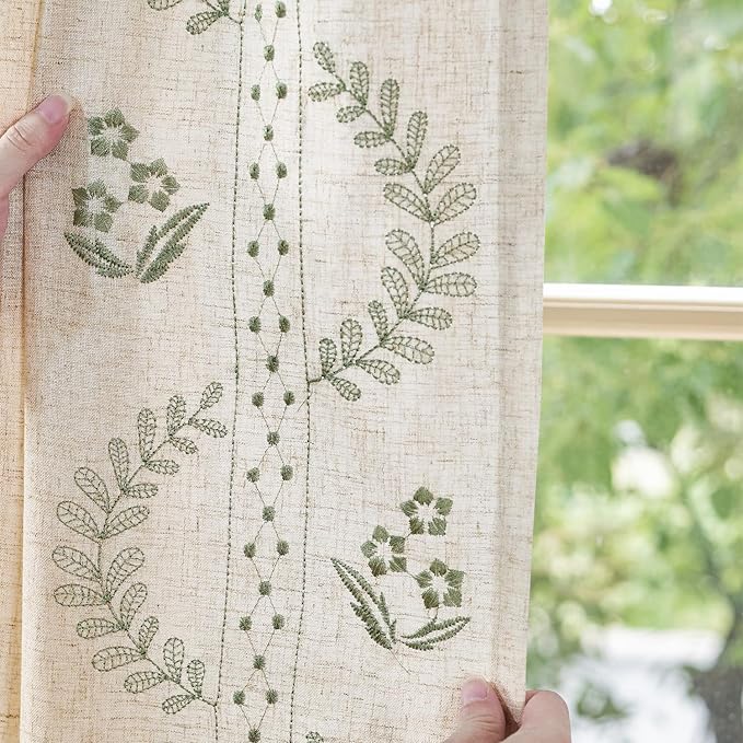 jinchan Belrose Linen Curtains for Bedroom Floral Curtains 96 Inch Length Linen Blend Sage Green Embroidered Drapes Farmhouse Flower Patterned Drapes for Living Room Window Treatments Set 2 Panels