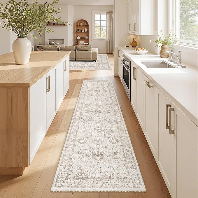 Madane Rug Runner for Hallways 2.5x8, Washable Kitchen Runner Rugs with Non Slip Backing, Soft Floral Print 2'6''x8 Carpet Runners for Laundry Room, Bedroom, Brown/Ivory